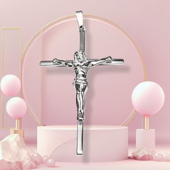 White Gold Women's Crucifix Cross Jesus Pendant Solid 925 Sterling Silver - Picture 1 of 10